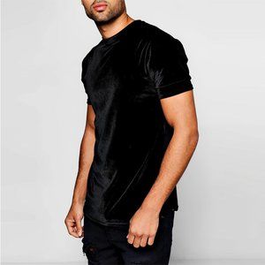Men Velvet Short Sleeve Shirt Black Velour Summer
